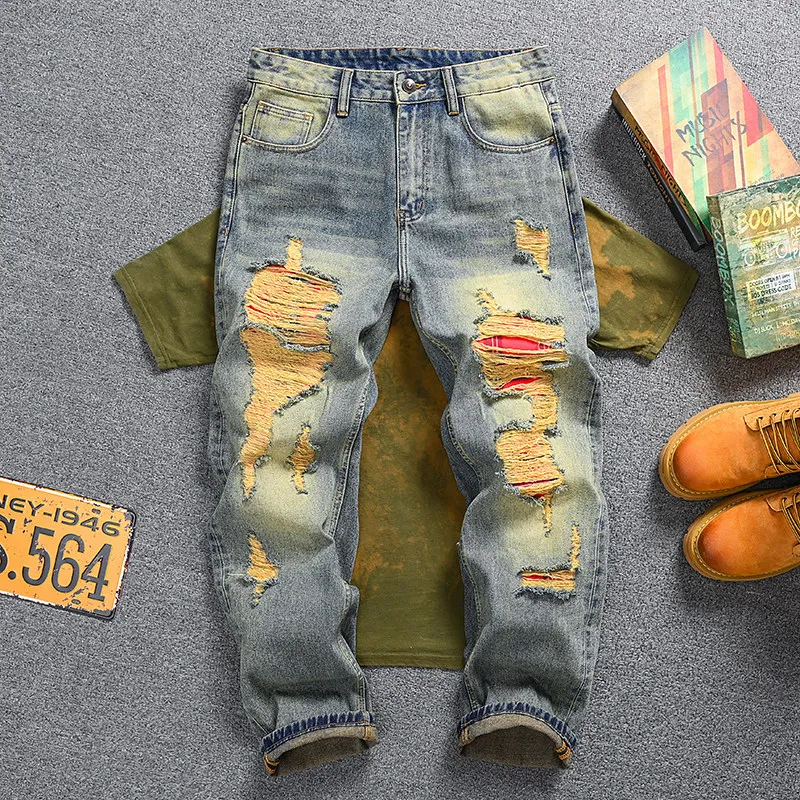 

Men's American Vibe Street Style Ripped & Patchwork Jeans, Loose Straight Wide Leg Denim Pants, Fashion Plus Size Trousers