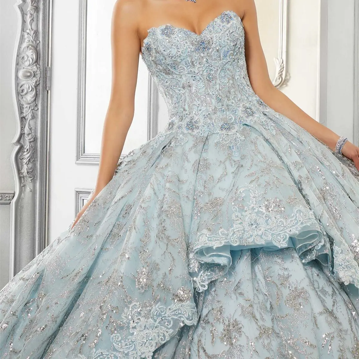 Quinceanera Dress Bandeau Champagne Blue Gray Sequin Lace Ball Three Piece Set Detachable Elegant فساتين للحفلات الراقصة