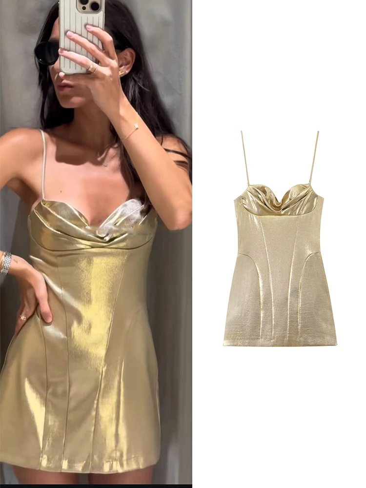 TFMLN Sommer Neues Damenkleid mit Glanzeffekt in Metallic-Farben, Schickes Korsett-Design, Lässiges Figurbetontes Partykleid, Streetwear