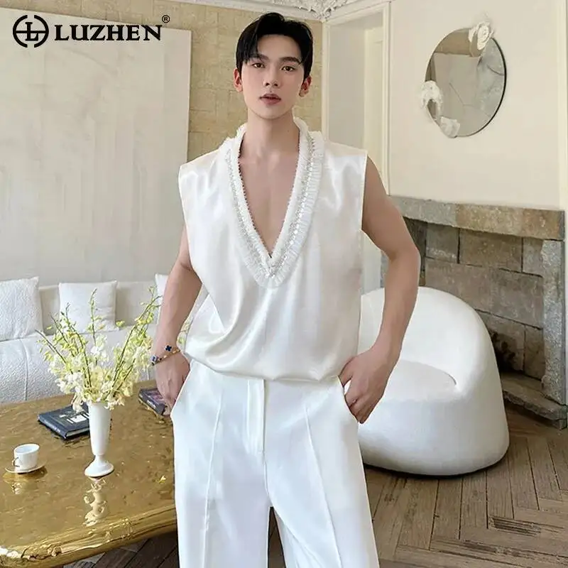 LUZHEN V Summer Luxury Elegant 3D Decorate Patchwork Big Neck Sleeveless Shirts Men's 2025 New Trendy Casual Tank Tops JY7066