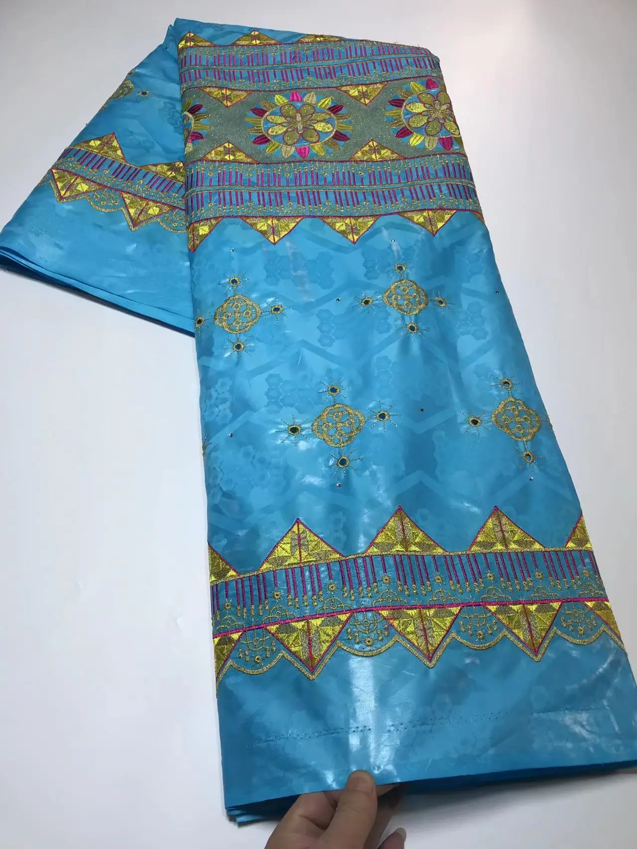 Imagem -04 - Bazin Riche Africano Tecido de Renda Boa Qualidade Bordar Azul Cor Dourada Material de Algodão Original para Costurar Vestido Casamento Uniforme