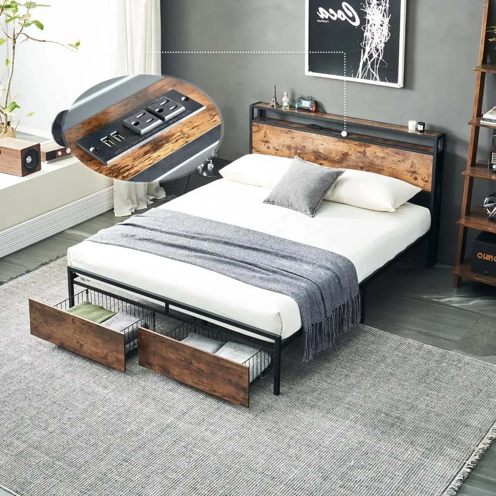 

Queen Size Bed Frame with Headboard and Storage, Metal Platform Bed Frame Queen Size with Drawers and Charging Station, No Box S