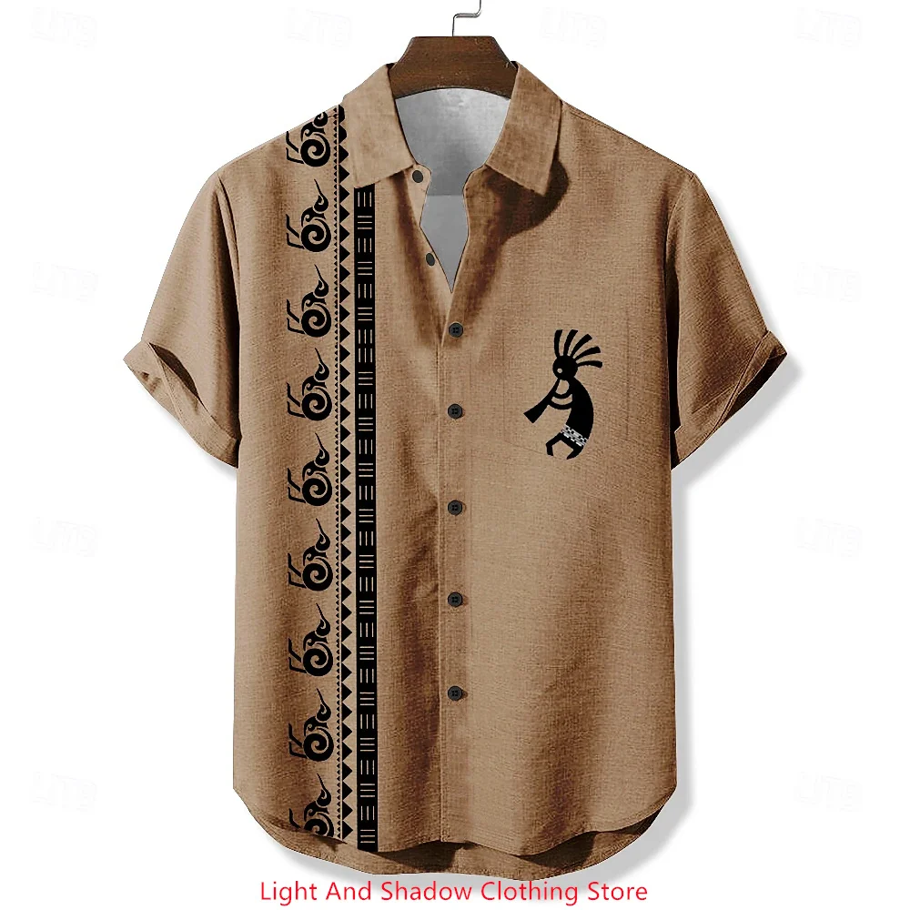 

Men's linen shirt, ethnic style printed short sleeved pocket shirt, fashionable Hawaiian lapel retro button up shirt