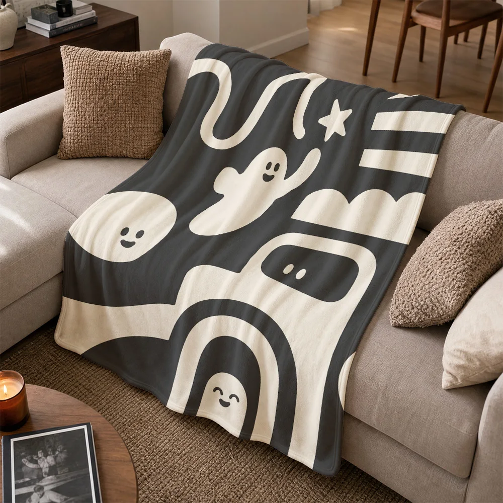 Whimsical Black Throw Blanket Sofa Decor Rainbow Ghost Smiley Face Cartoon Pattern Cozy Couch Throw for Living Room Nursery Home