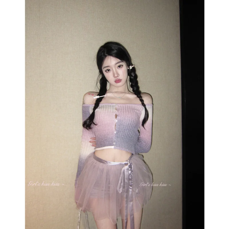 

Spring Women's Clothing Gradient Color Sweet Spicy Girl Knitted Temperament Tank Top Design Sense Ballet Purple Short Skirt Set