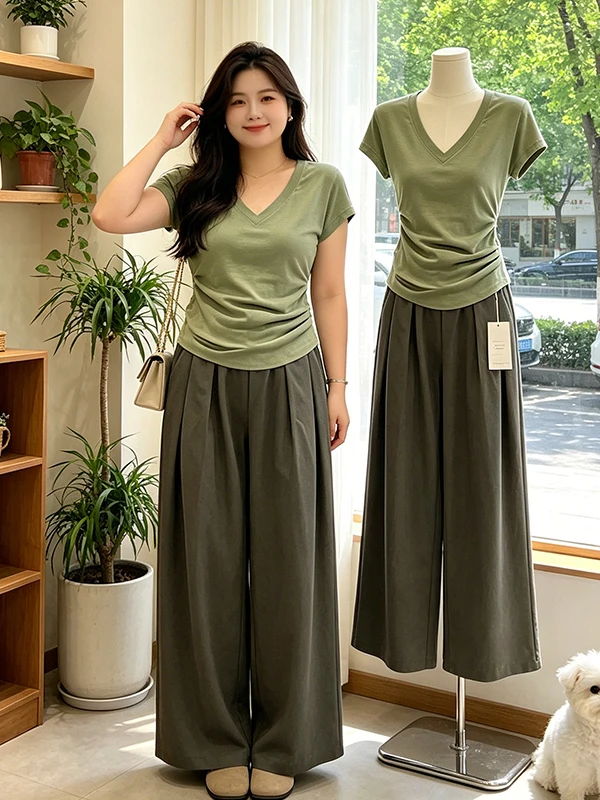 

Loose Fit V-Neck Short Sleeve T-Shirt High Waist Wide Leg Casual Pants Two-Piece Set plus Size Women's Summer Korean Style Fa...