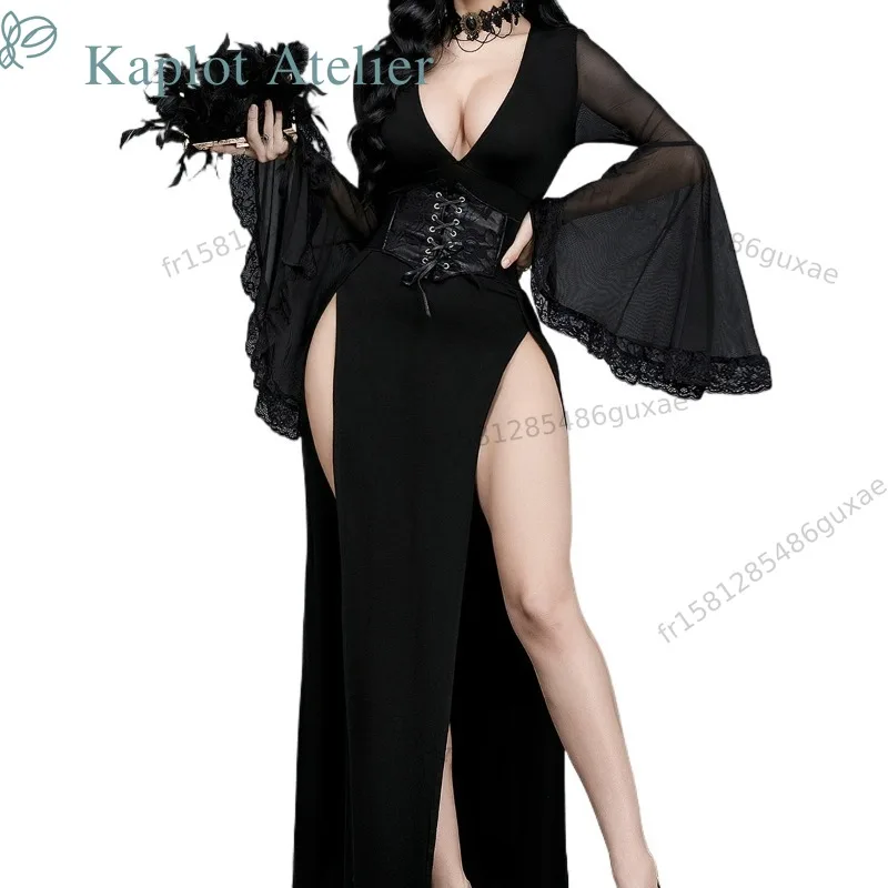 Damen Dunkles Gothic Lolita Bodycon-Kleid Sexy V-Ausschnitt Durchsichtiges Fledermausärmel-Design Vintage Hexen-Cosplay-Kleid Elegantes Figurbetontes Outfit Perfekt für Halloween-Party, Karneval,