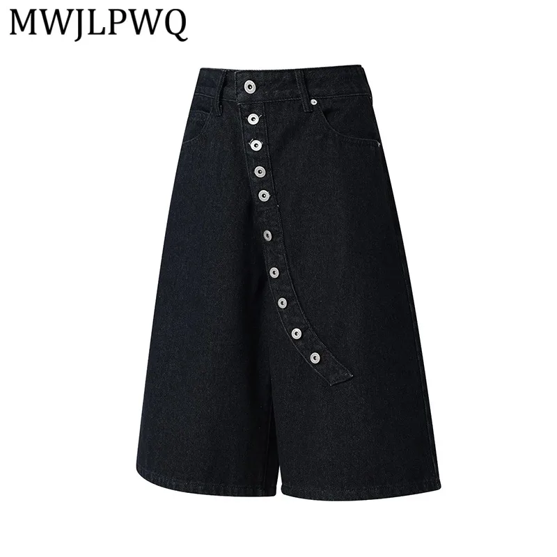 MWJLPWQ American Street Style Irregular Diagonal Button Design Denim Shorts Unisex Casual Cropped Pants Spring Autumn 15871