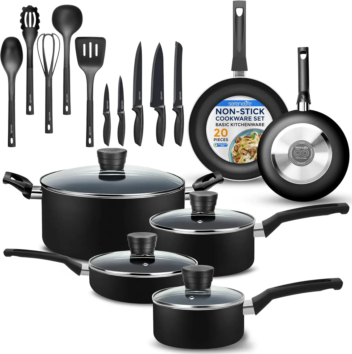 

SereneLife Kitchenware Pots & Pans Basic Kitchen Cookware, Black Non-Stick Coating Inside, Heat Resistant Lacquer (20-Piece Set)