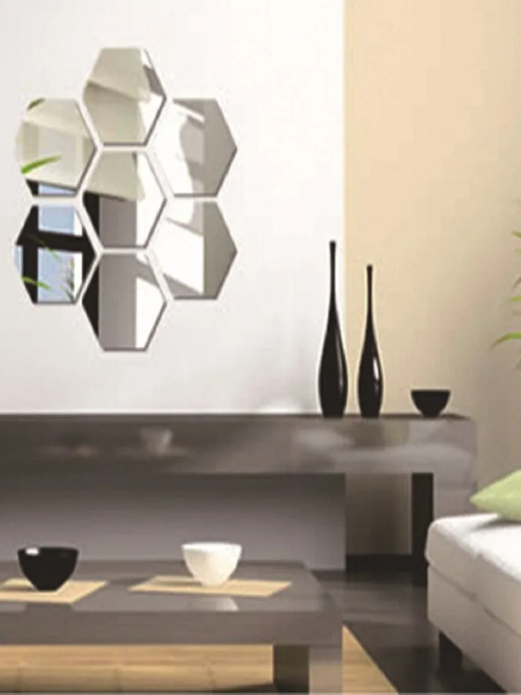 6/12Pcs Fashion 3D Safety Home Decor Geometric Hexagon Mirror Wall Sticker Mural Decals