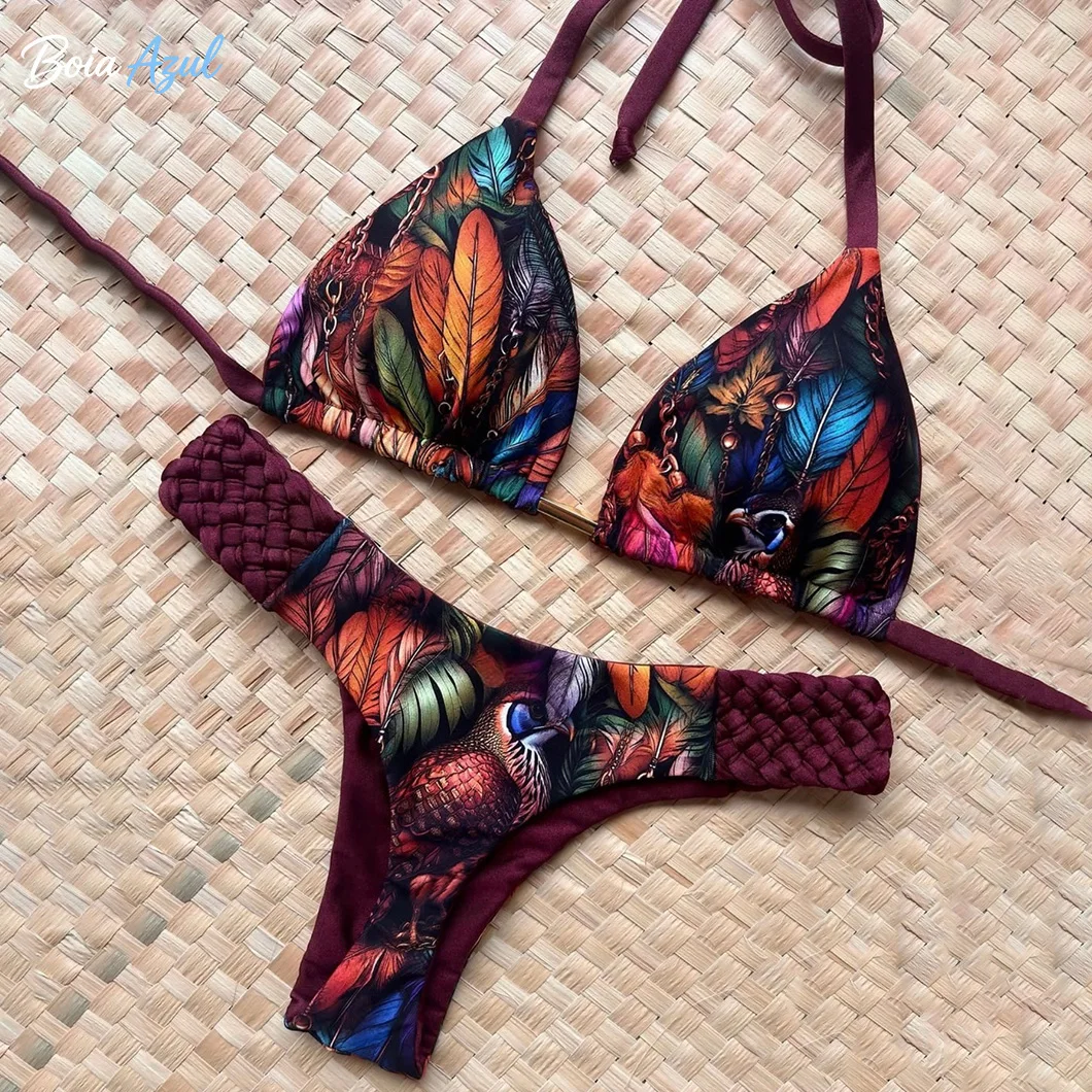 Floral-print one-shoulder ruffled bikini swimsuit V-shaped decorated two-piece swimsuit