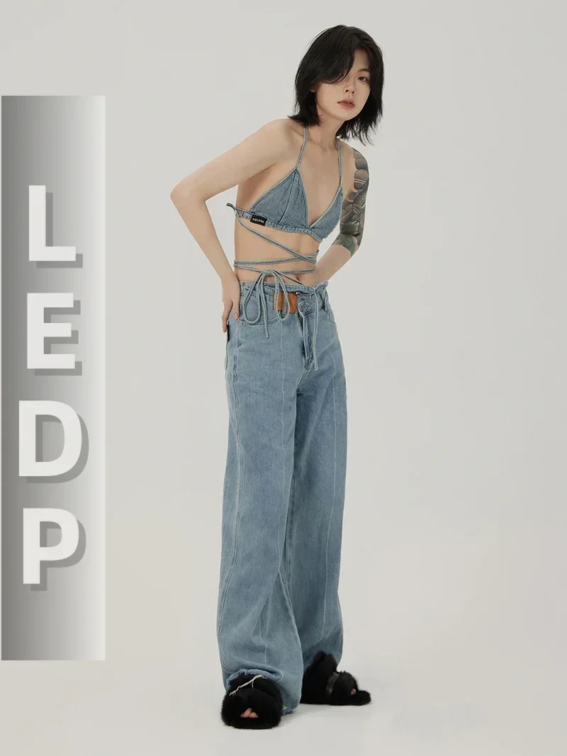 IMU Summer New Triangle Bikini Bra Top Sexy Backless Women Bandage Denim Sling Vest Korean Stylish Vintage Y2k Beachwear