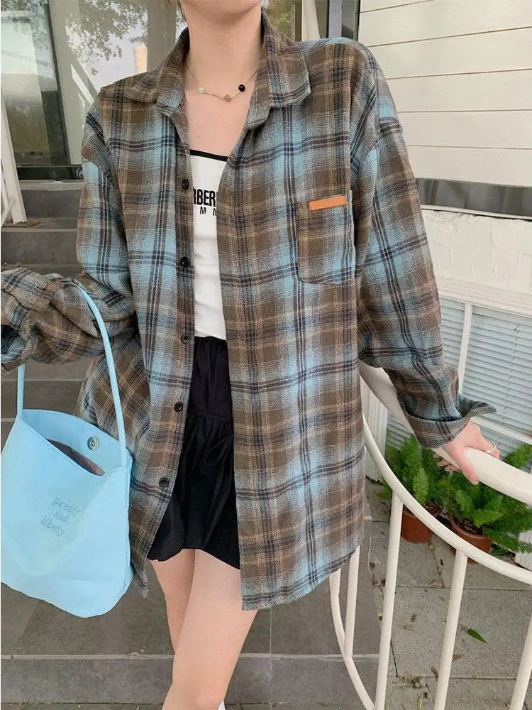 

American Retro Casual Plaid Long Sve irt Loose Outerwear Women's Spring Autumn Summer Loose Sun Protection Lazy irt