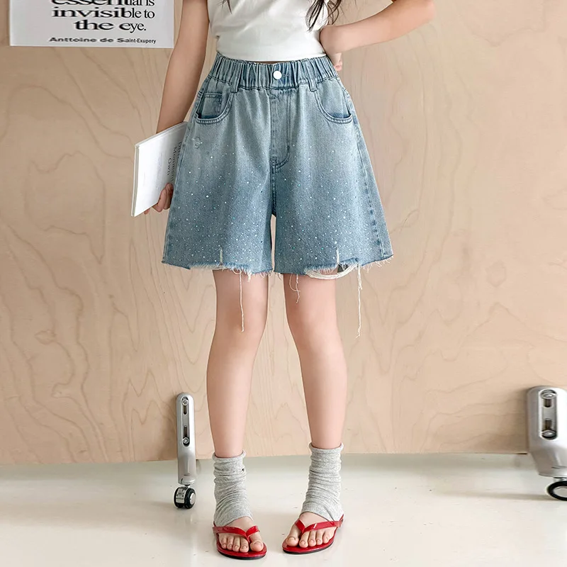 Fashion Street Style Kids Children Destroyed Ripped Denim Shorts with Hole for Girls Summer Broken Jeans Shorts with Rhinestone