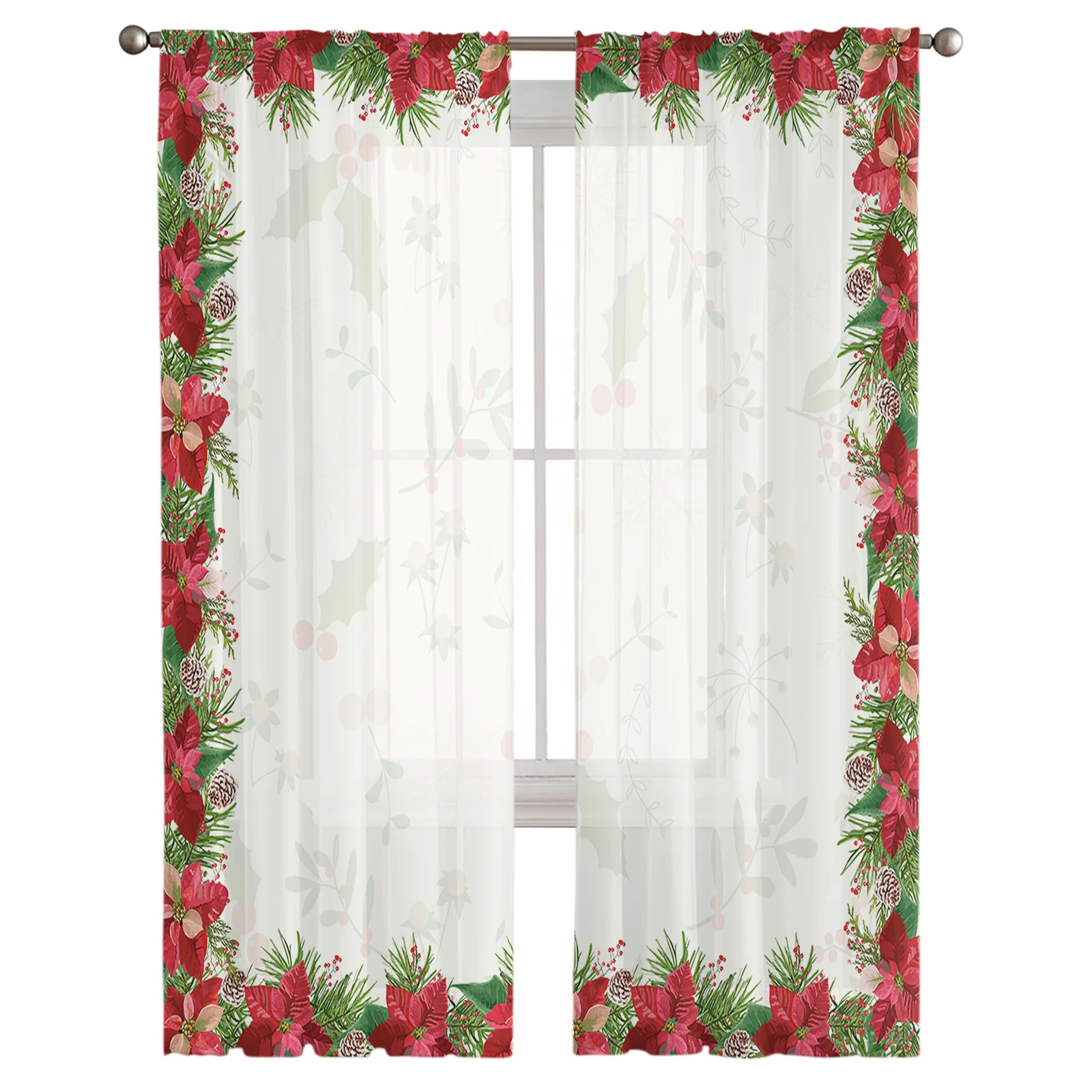 Christmas Flower Pine Tree Pine Cone Sheer Curtains Christmas Decorations for Home Window Tulle Curtains For Living Room Bedroom