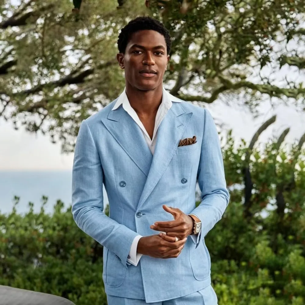 Summer Blue Linen Double Breasted Suits for Men 2 Pieces Separates Blazer Pants for Beach Wedding Casual Party Guest Men Suits