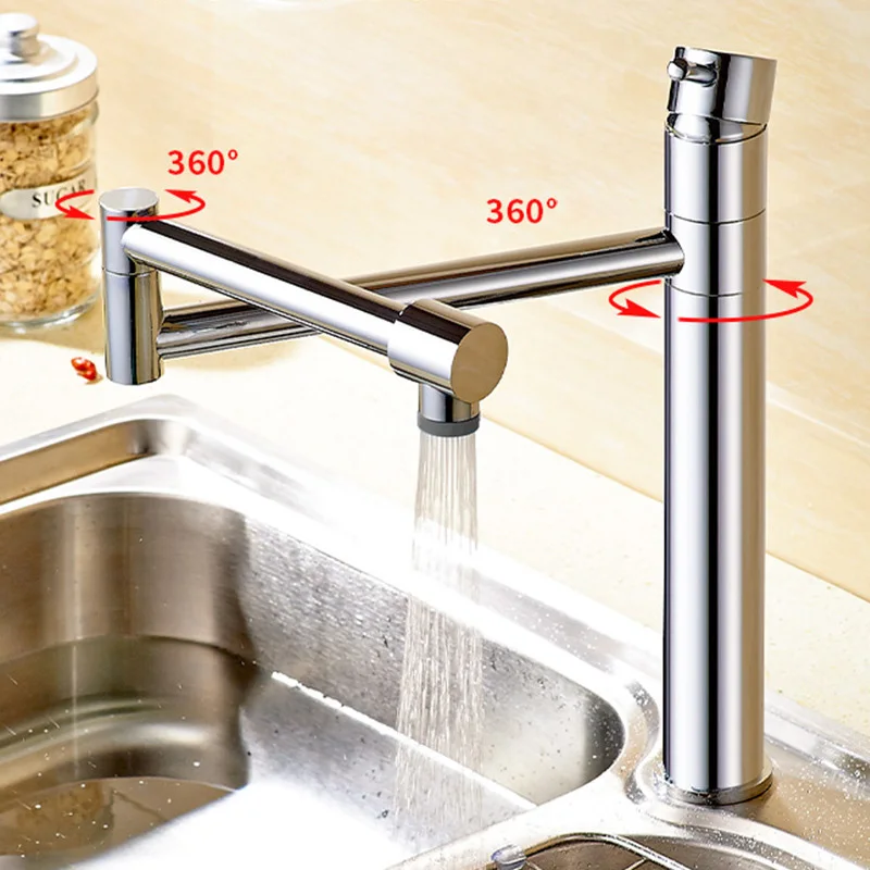 Robinet de Cuisine Pliable en Chrome avec Bras Pivotant Rétractable, Robinetterie de Centre Commercial à Eau Froide et Chaude, Robinetterie à Évier à Comcussion Résistante à 360