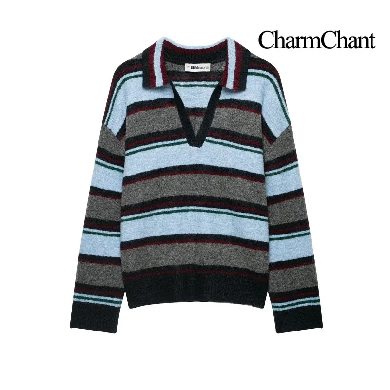 CHARMCHANT Women's Striped Polo Collar V Neck Knitted Sweater Oversized Long Sleeve Pullover Vintage Casual Fashion New 2026