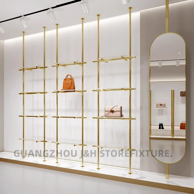 Customized Wall Shelf Shoe Retail Store Shelving System Ceiling Mounted Mirror Gold Acrylic Handbag Boutique Display Shelves