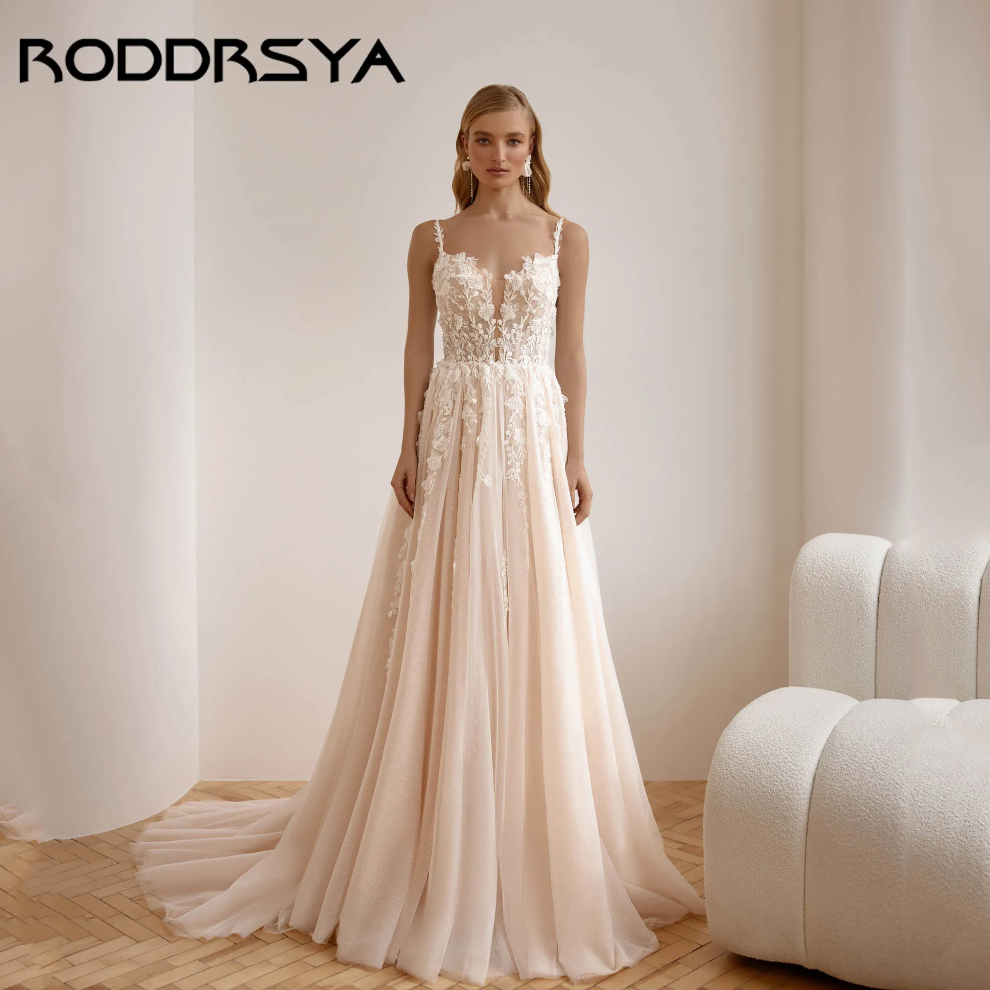 

RODDRSYA Modern Spaghetti Straps Wedding Dress A-line Sleeveless Appliques Bride Gown Backless Tulle vestido de novia Customized