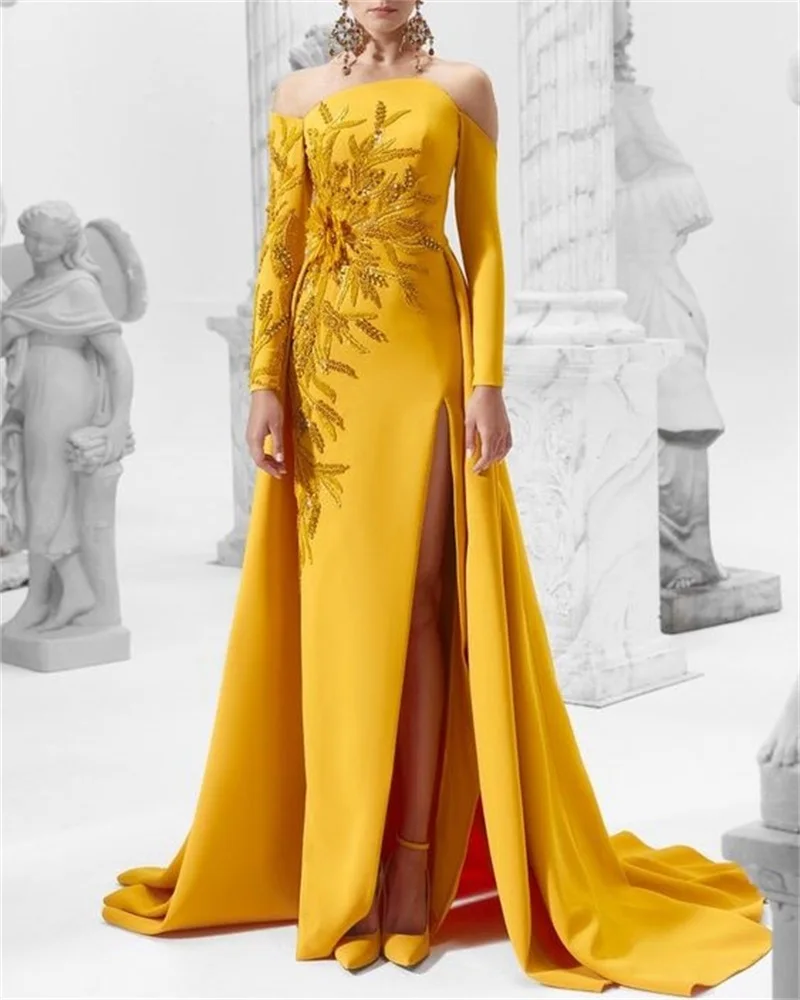 

Elegant Yellow Prom Dress With Overskirt Appliqued Beaded Full Sleeves Mermaid Sheer Neck Evening Party Gown Custom Made Robes