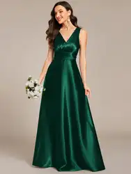 Elegant Evening Dresses Deep V-Neck Empire Waist Satin Pockets Floor Length 2025 Ever Pretty of Dark Green Bridesmaid dress