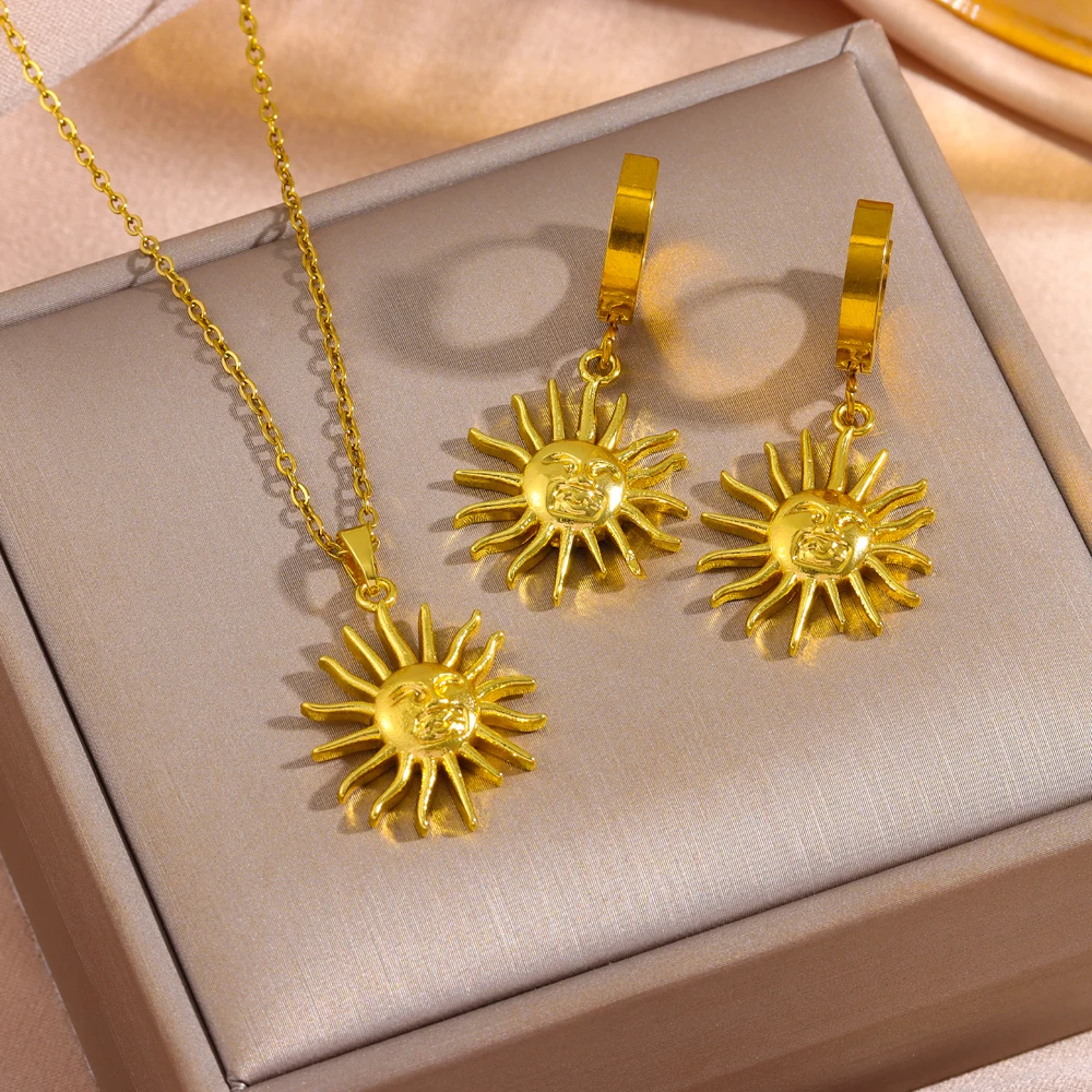 New In 18K Gold Plated Sun Pendant Necklace Earrings For Women Female Stainless Steel Neck Chain Jewelry Set