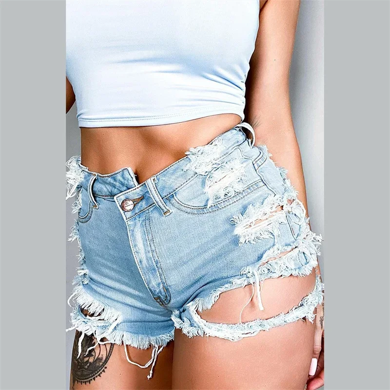 Fashion Sexy Rip Irregular Broken Holes Denim Shorts Women Tassel Trouser Legs Mini Jeans Female High Waist Three Quarter Pants