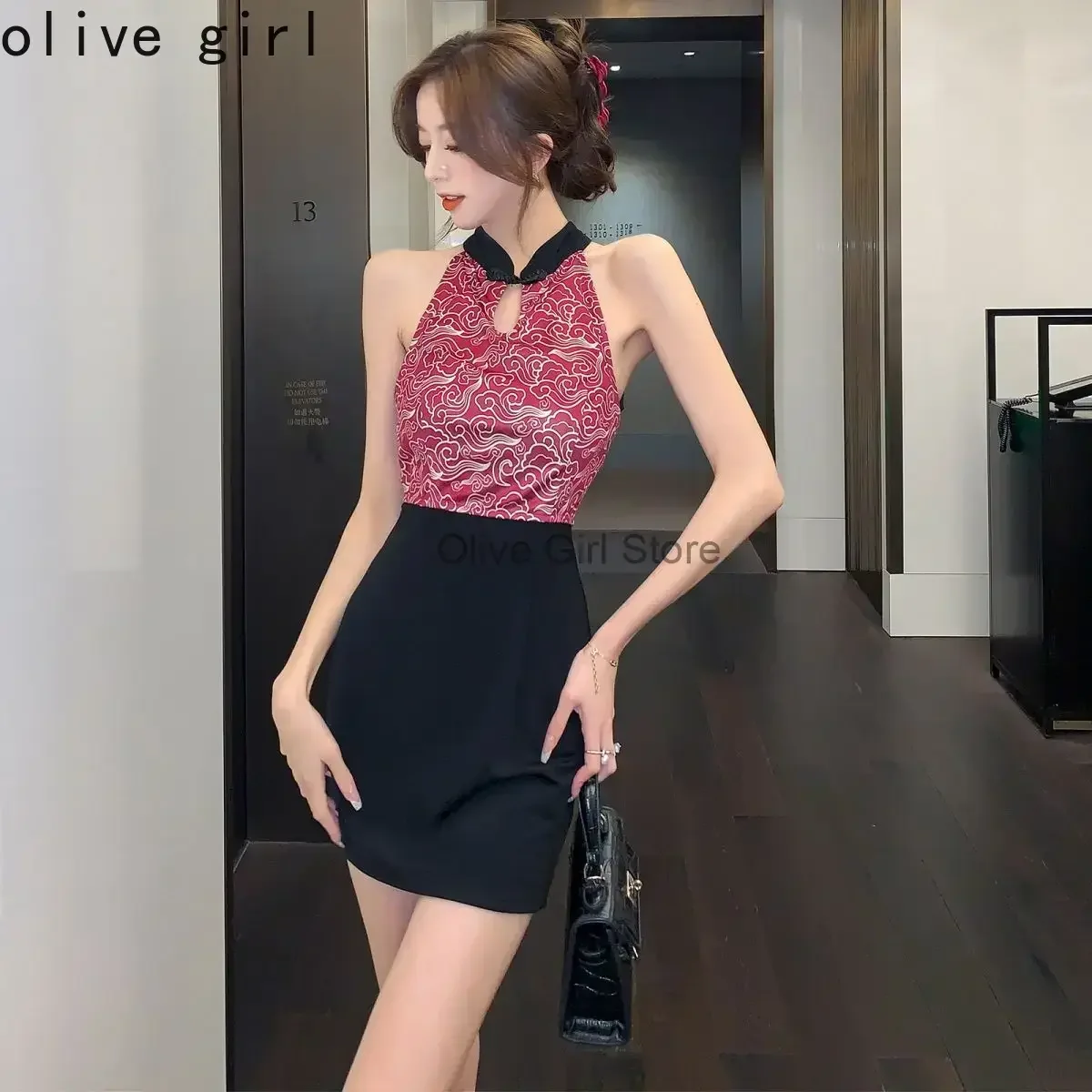 Large Size Qipao Contrasting Color Sexy Cheongsam Hanging Neck Dress Elegant Summer Improved Bodycon Dress