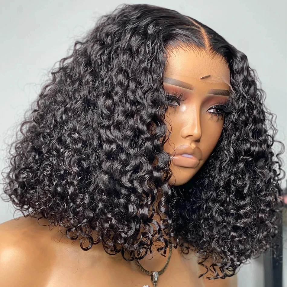 12A Kinky Curly Short Bob Human Hair Wigs 13x4 Lace Frontal Closure Water Wave Wigs Glueless Brazilian Remy Wigs For Women