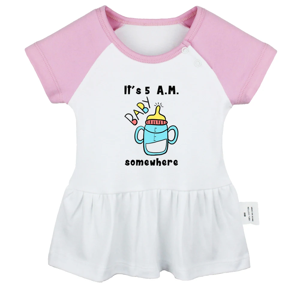 

iDzn It's 5 A.M. Somewhere Fun Printed Graphic Baby Girls Cute Short Sleeves Pleated Dresses 0-24M Kids Baby Summer Clothing