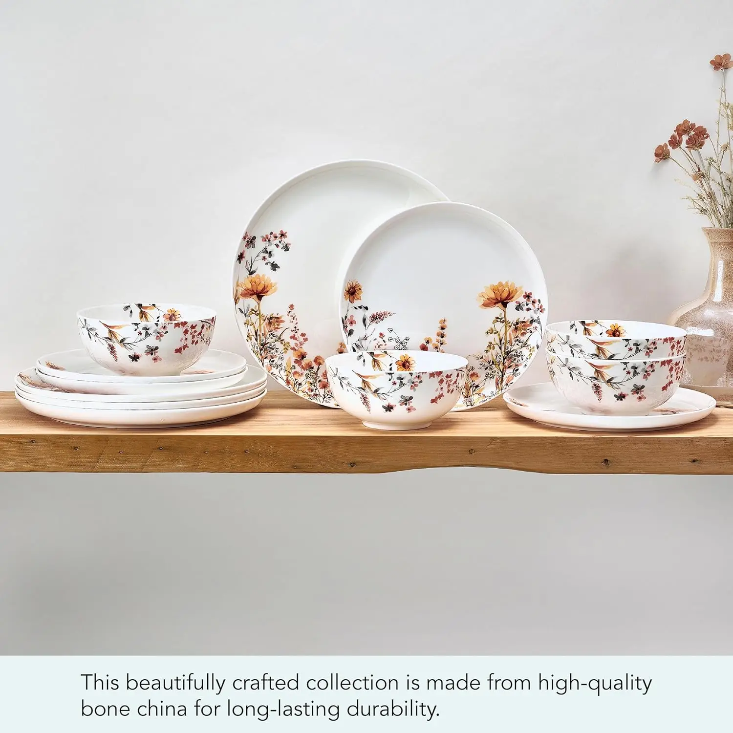 مجموعة أواني طعام خفيفة الوزن مقاومة للرقاقة وخفيفة الوزن مكونة من 12 قطعة من Wildflower Bliss، خدمة لـ 4 أشخاص