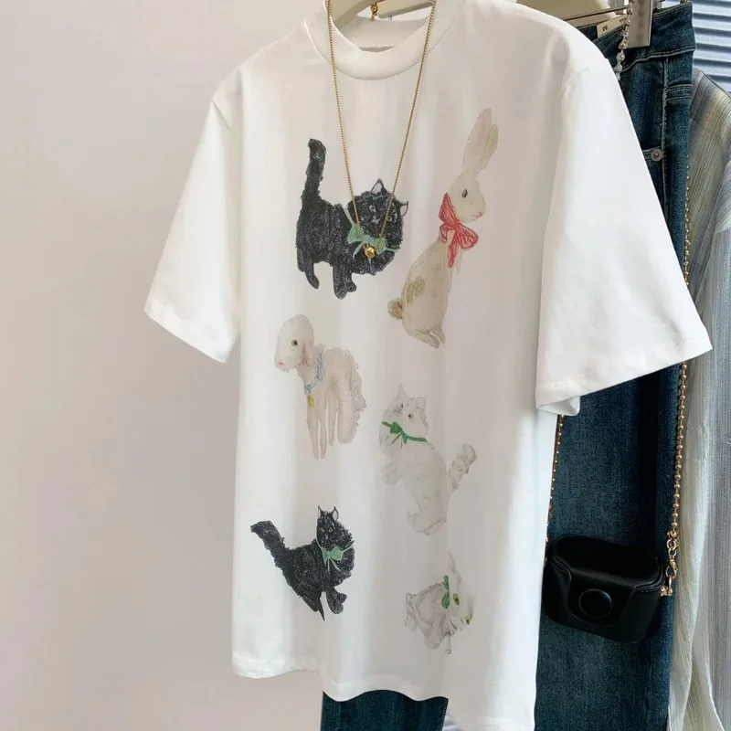Women's Cute Cat Rabbit Sheep Print Crew Neck Short Sleeve Casual Cotton T-Shirt