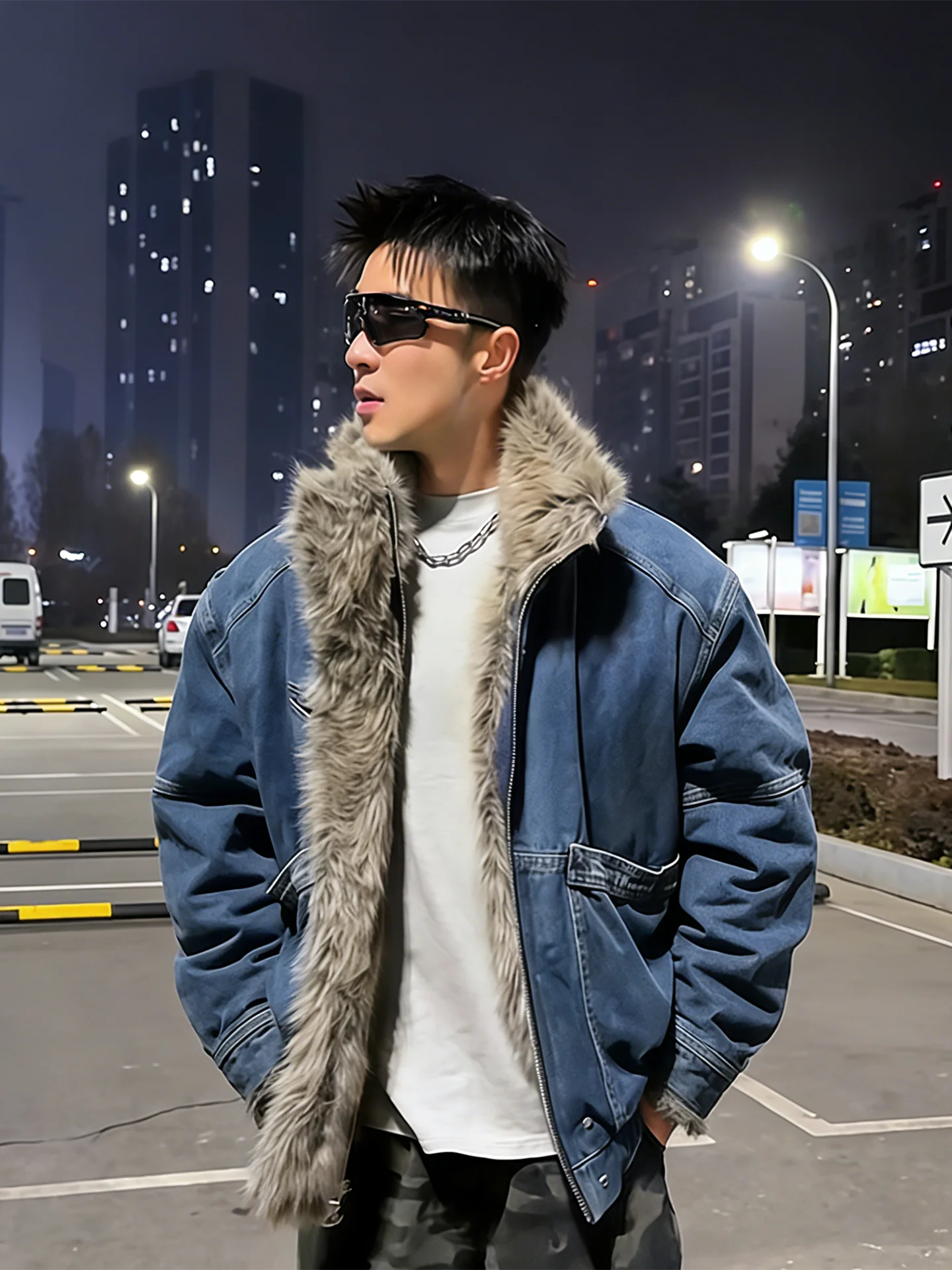 

Retro American Denim Cotton Jaet for Men Winter Thiened Jaet Cool Sle Cotton Clothing Stand Fit Multi-Material Spl...