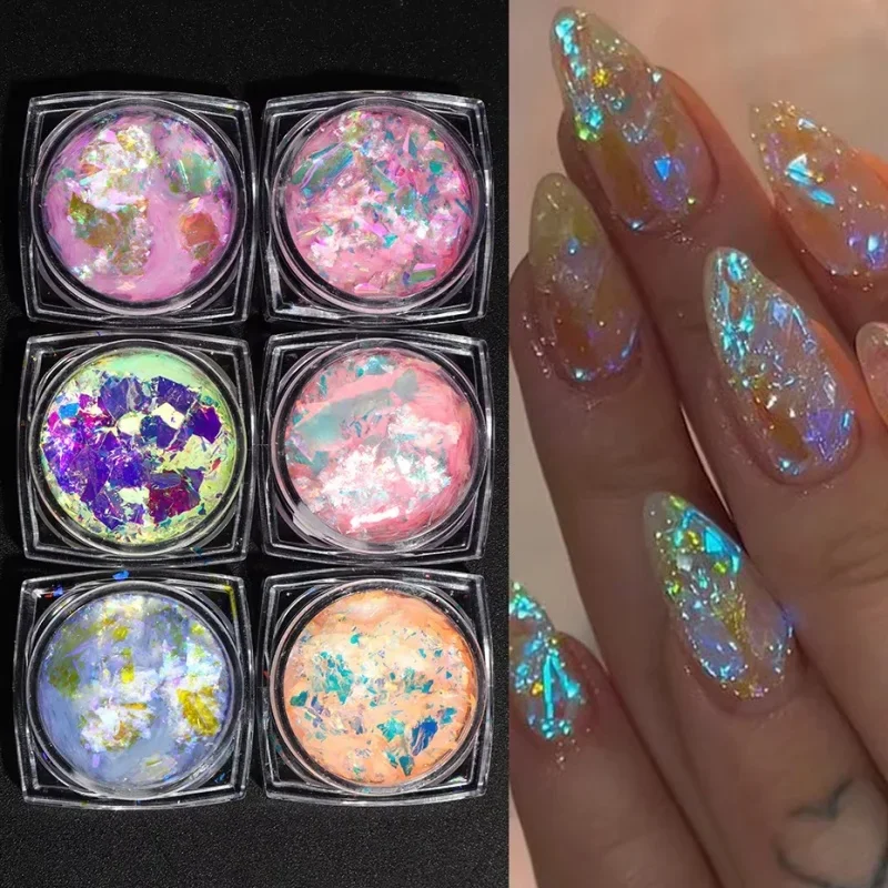 6pcs Iridescent Opal Nail Powder Ice Crystal Pigment Foils Chameleon Glitter Aurora Dreamy Cloud Nail Art Flakes Manicure Decor
