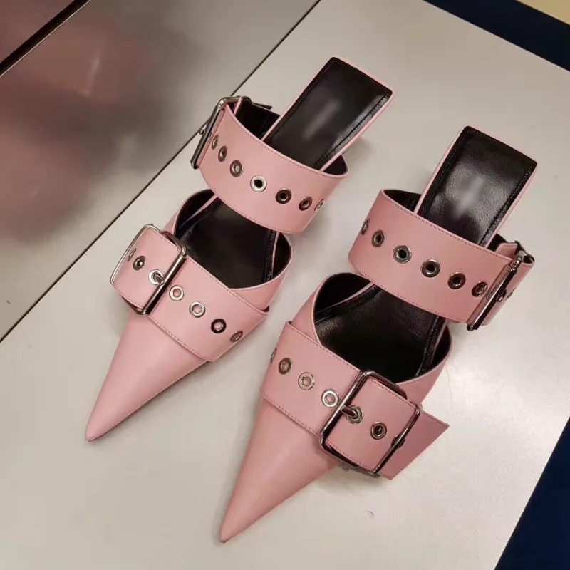 

2025 New Fashion metal buckle Summer Female Sandals Mules Pointed Toe High Heels Slip-on closed-toe sandals Party women shoes
