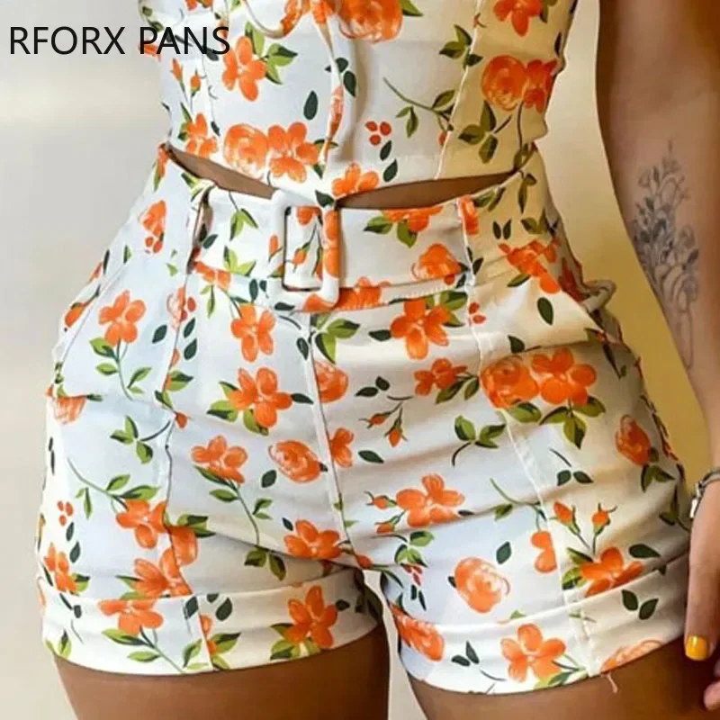 Women Chic Spaghetti Straps Cami Button Crop Disty Floral Pattern Mini Sexy Sashes Zipper Short Sets