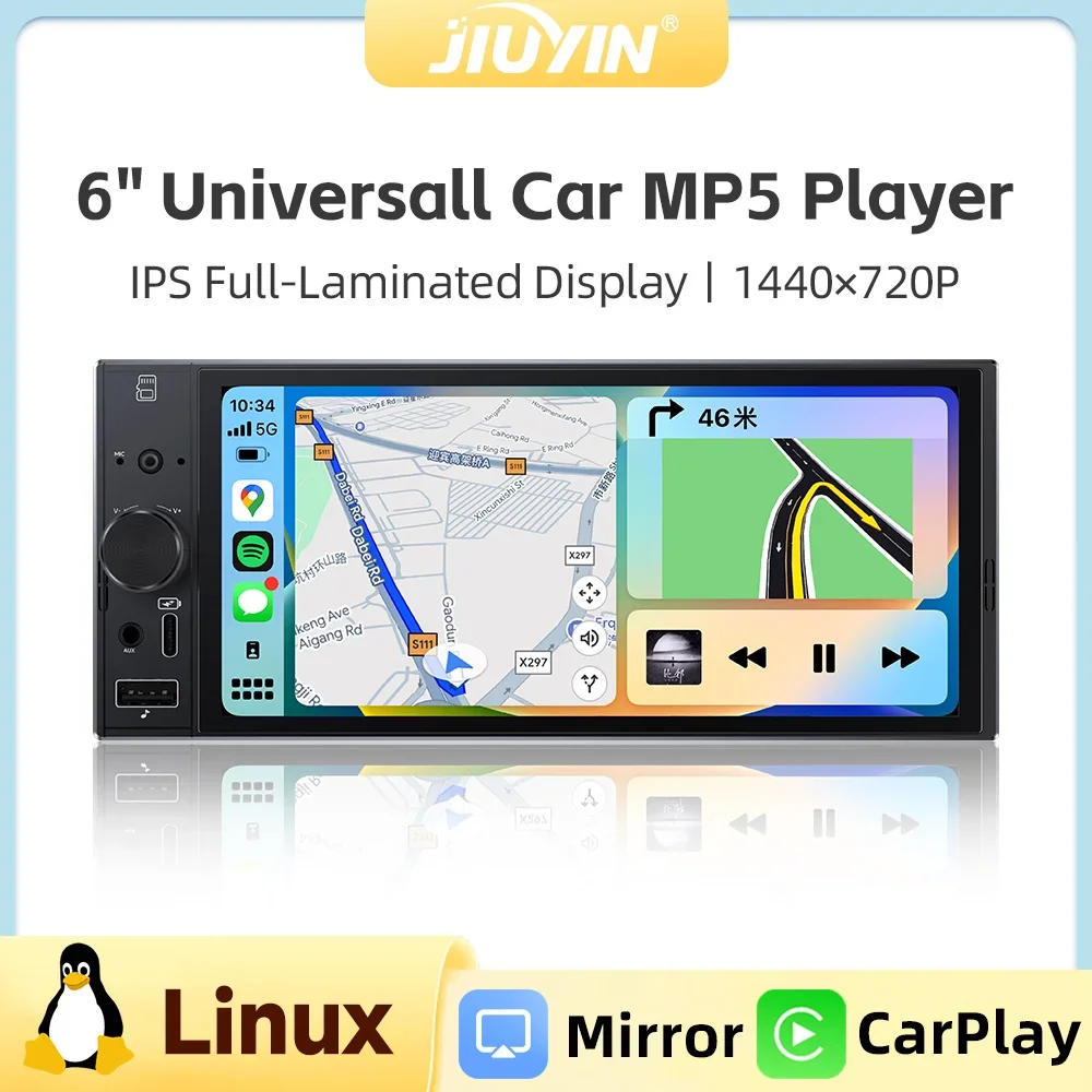 JIUYIN 1DIN MP5 Player Car Radio Wireless Carplay Android Auto Car Audio 6 inch IPS Screen BT USB Type-C FM Auto Radio Stereo