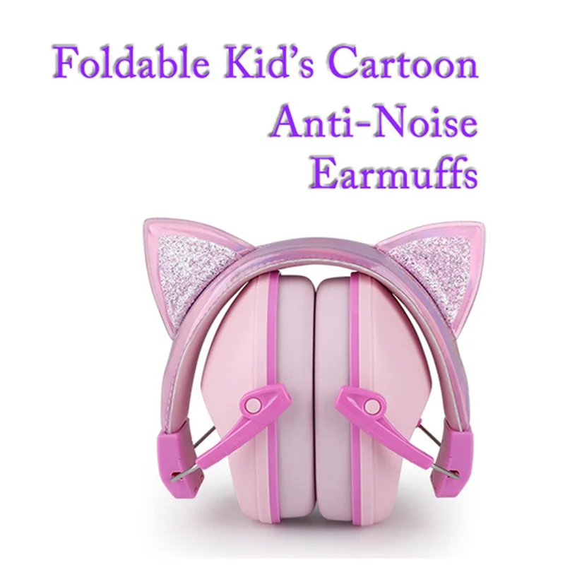 N82R Pink Cat Ears Kids Earmuffs Adjustable Anti-Noise Hearing Protector For Children For Study & Sleep Noise Cancelling