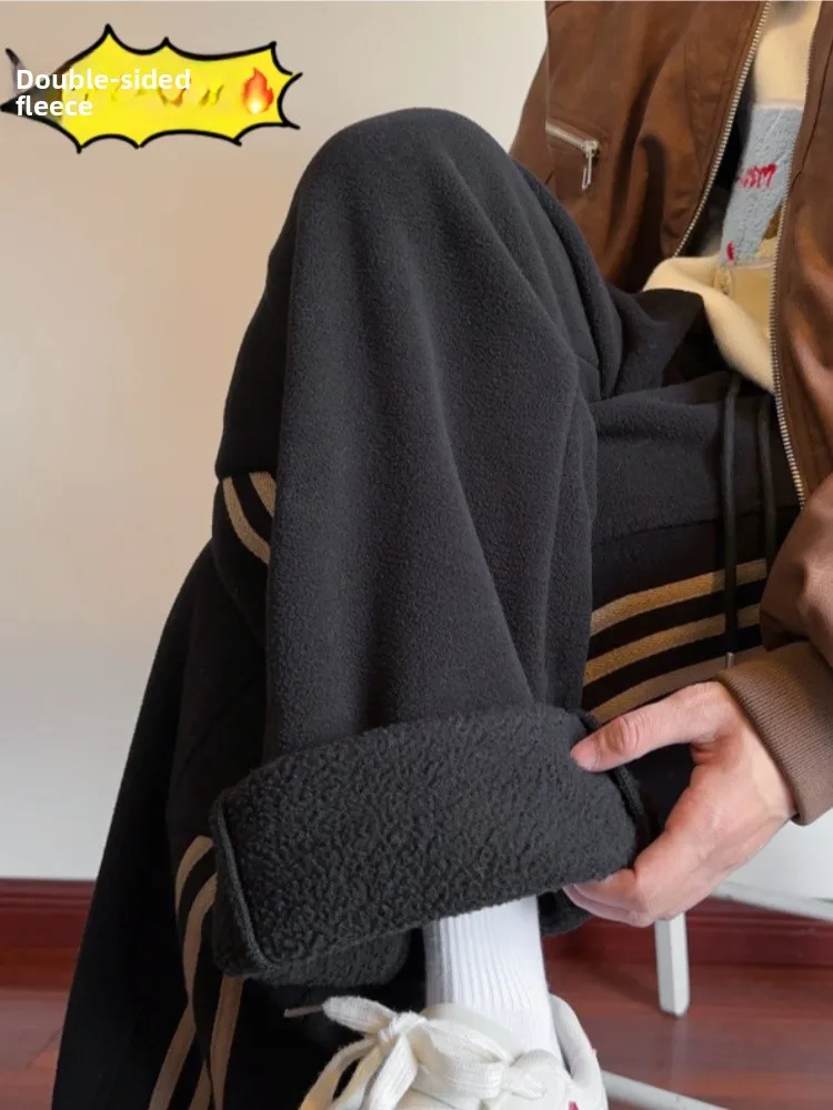 

Мужские утепленные прямые повседневные брюки на флисовой подкладке, зимние спортивные винтажные брюки в полоску, удобные свободные брюки