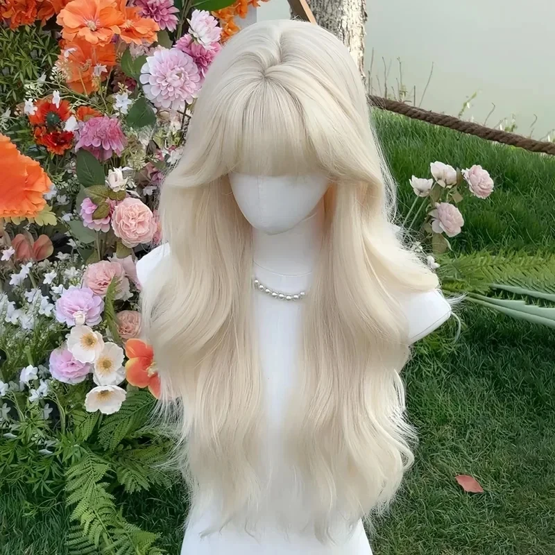 

xiaoxiao Ashely Blonde Wig for Women Long Wavy Hair Heat-resistant White Wig with Bangs Lolita Synthetic Wigs