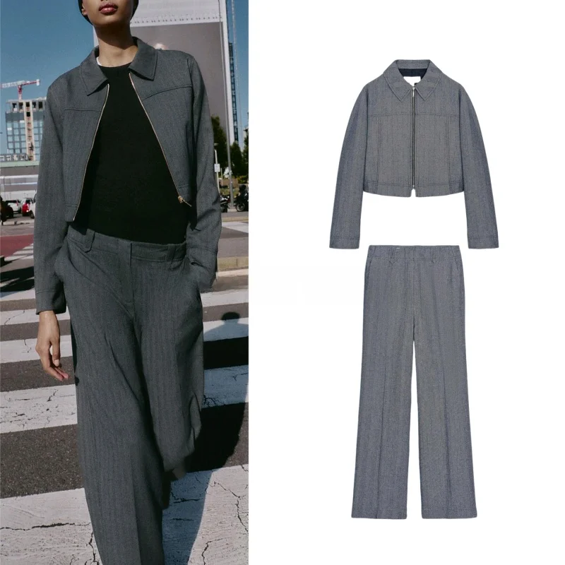 

Костюм-джат с высокой талией и украшением на молнии, отложной воротник, повседневный комплект длиной до пола, осенний комплект Faion для женщин