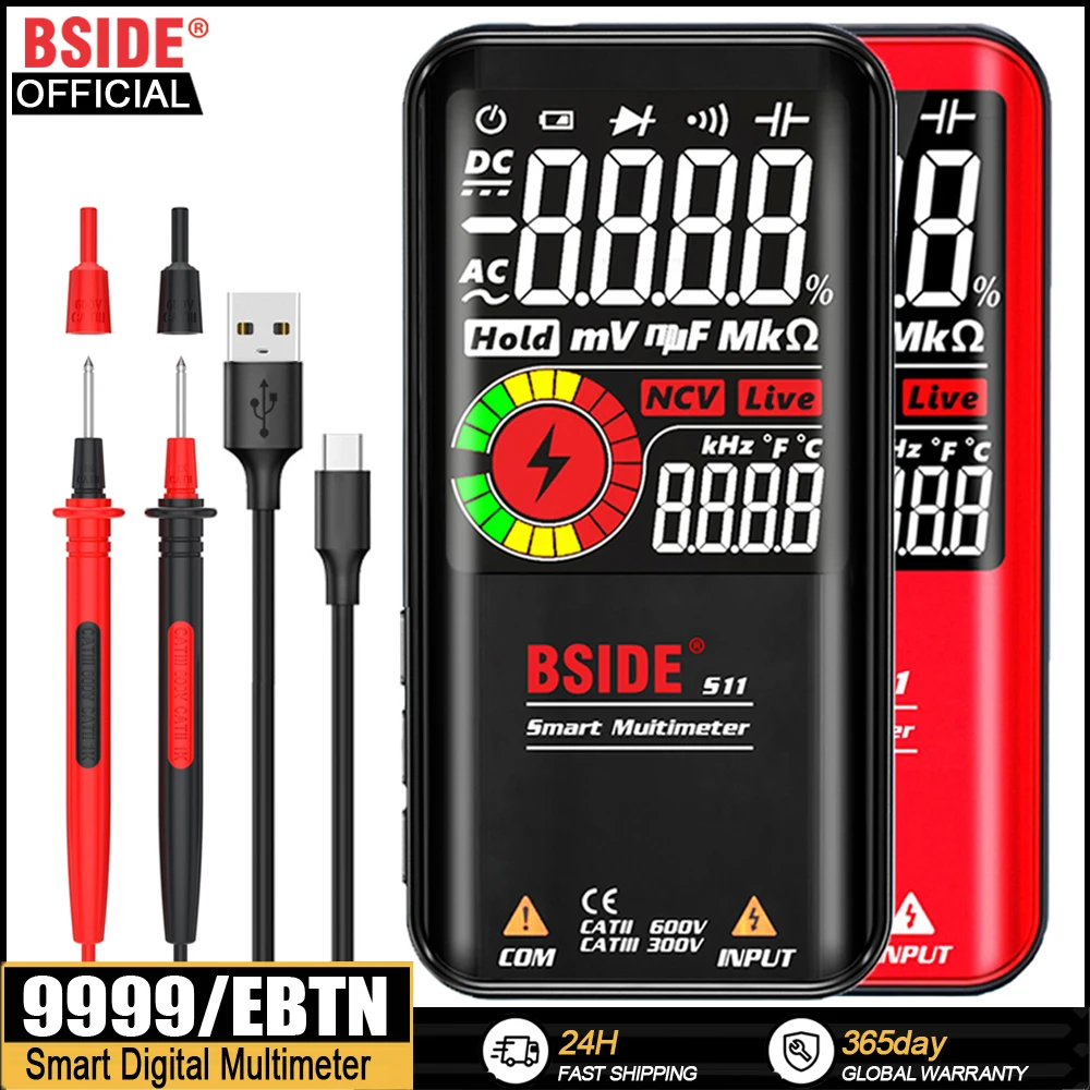 Bside เครื่องทดสอบไฟฟ้าอัจฉริยะ, มัลติมิเตอร์แบบดิจิทัล T-RMS ชาร์จ USB DC AC แรงดันไฟฟ้าโอห์ม Hz NCV เครื่องทดสอบมัลติมิเตอร์แบบมืออาชีพ