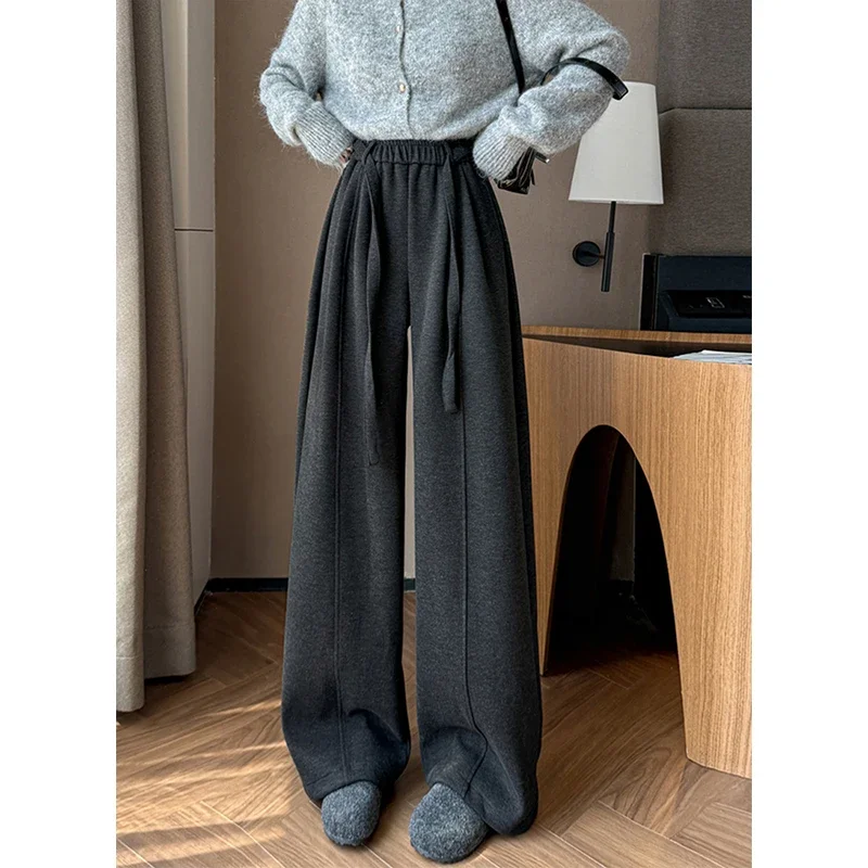 

Woolen Wide Leg Pants Women Fashion Streetwear Grey Baggy Pants Winter Ladies Harajuku Korean Lace Up Casual Straight Trousers