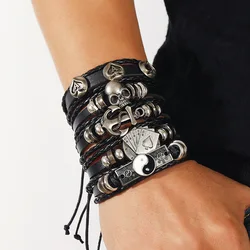 Fashion Black Skull Multi-layer Beaded Hand Leather Bracelet for Men Set Adjustable DIY Leather Winding Hand Rope