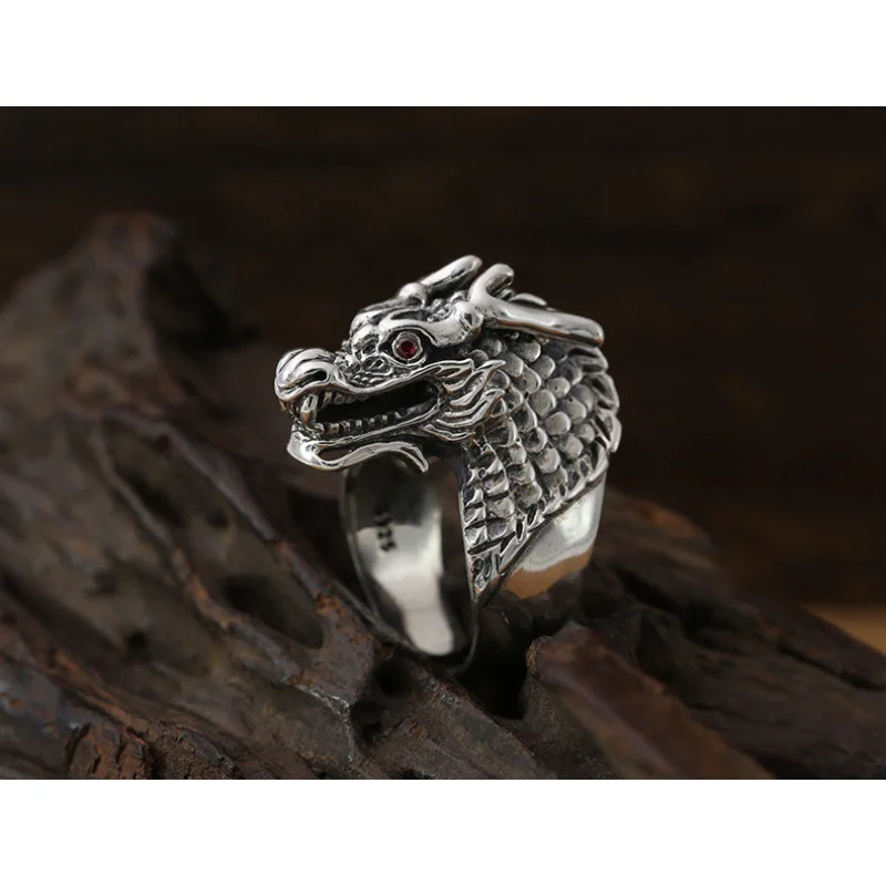 

sterling silver ornament domineering dragon head personalized men's vintage Thai silver ring trendsetter index finger open ring