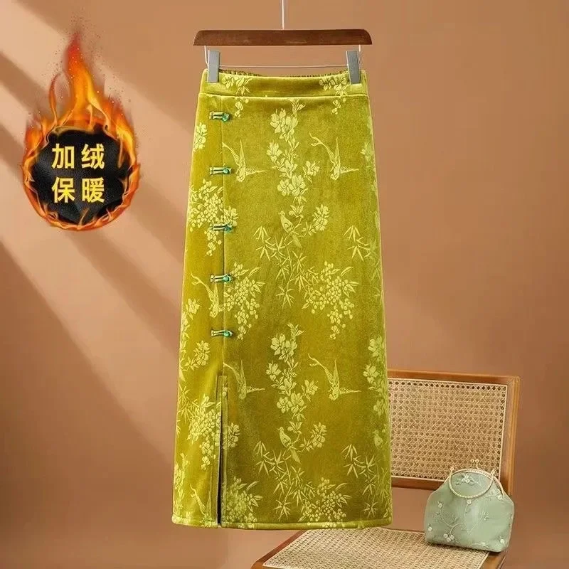 Women Jacquard Golden Velvet Maxi Skirt Female New Large Size 5XL Long Skirts Spring Autumn Ladise Over The Knee Split Hip Skirt