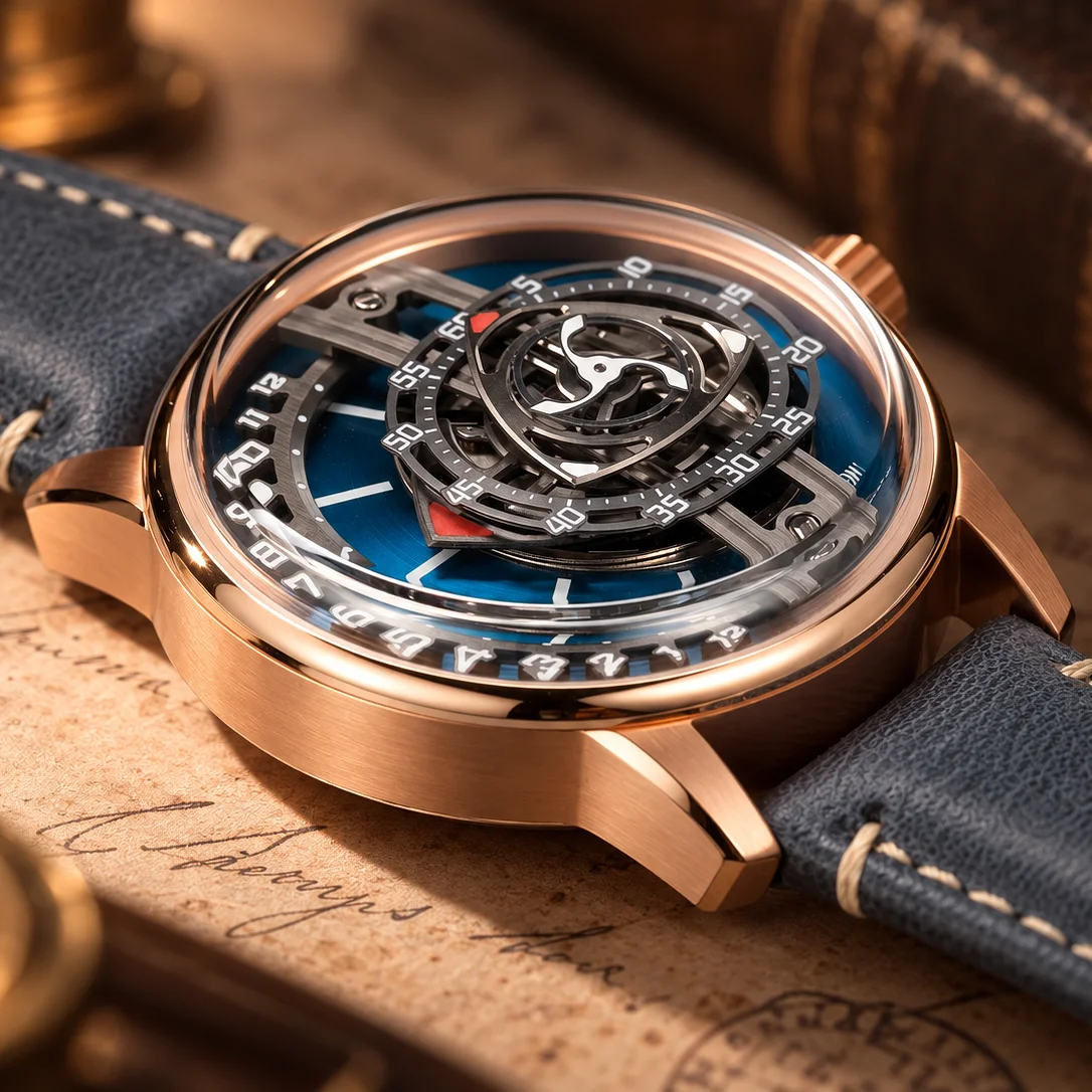 OBLVLO JM Rotor 42mm Men's Watch Unique Skeleton Rotary Engine Blue Dial Miyota 8215 Automatic Rose Gold Jump Hour JM-RT