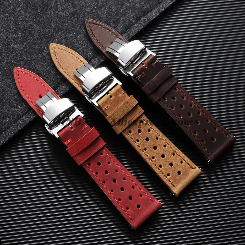 18mm 19mm 20mm 21mm 22mm 24mm Vintage Racing Leather Watch Strap Porous Quick Release Watch Band Business Bracelet Men Wristbelt