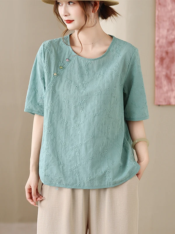 

New Chinese Style Embroidered round Neck Shirt Women's Fashionable Button Slim Fit Cotton Short Sleeve Casual Shirt
